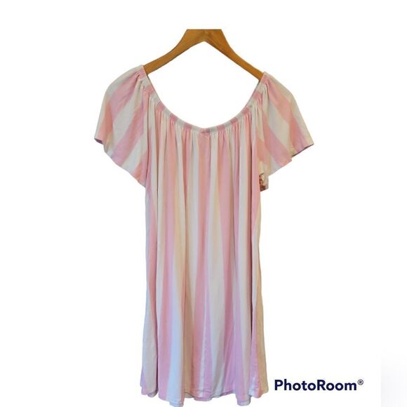 ASOS Pink White Stripe Cabana Candy Stripe Off Shoulder Short Sleeve Dress 8 - Picture 6 of 12